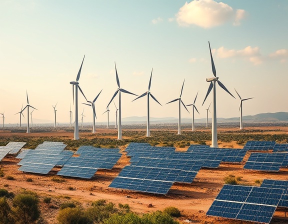 conceptual disruptive technology, compelling, revolutionizing energy conservation, photorealistic, in a renewable energy landscape of wind and solar farms, highly detailed, wind turbines in motion, high dynamic range (HDR), earthy tones with bright accents, soft natural daylight, shot with a panoramic lens.