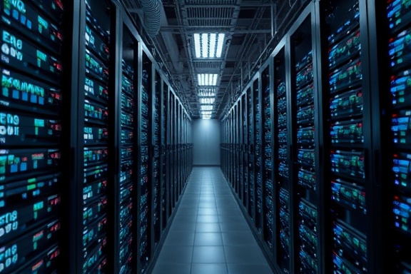 innovative data infrastructure, efficient and robust, processing vast quantities of information, photorealistic, server rooms lined with arrays of blinking servers, highly detailed, data streams visualized as flowing lights, HDR, silver and white tones, balanced lighting, shot with a macro lens.