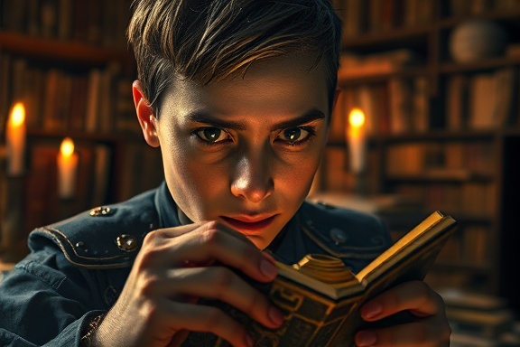 inquisitive AI exploration, curious expression, analyzing an ancient artifact, photorealistic, background with a library filled with dusty books and scrolls, highly detailed, flickering candlelight and motes of dust, macro photography, warm ochre, soft lighting, shot with a macro lens.