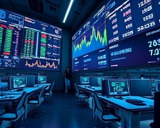 AI tech in finance, secure, analyzing financial data with AI, photorealistic, high-tech trading floor with digital displays and algorithmic trading, highly detailed, fast-moving stock data and analytical charts, 8k resolution, professional blues and metallics, focused lighting on screens, shot with a 24mm wide-angle lens.
