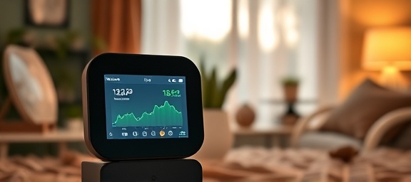 compact smart home gadget, efficient, monitoring air quality, photorealistic, cozy bedroom with houseplants and warm textures, highly detailed, data visualization on small screen, crisp clarity, matte black, warm evening light, shot with a macro lens.