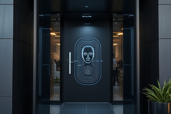 advanced smart home security, protective, facial recognition in progress, photorealistic, main entrance with minimalist design, highly detailed, biometric scanning, full HD, dark metallic, natural morning light, shot with a zoom lens.