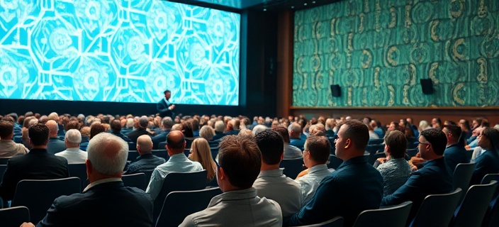 AI panel discussion, analytical expression, discussing algorithms, photorealistic, auditorium with living walls, highly detailed, echoing sound waves, 10k resolution, crisp white, focused stage lighting, shot with a medium lens.