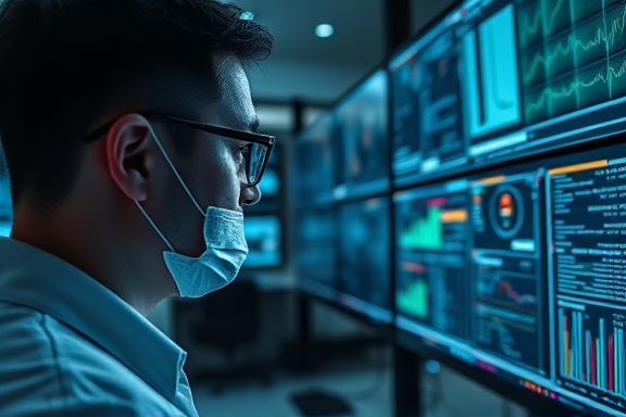 thought-provoking AI bias, introspective, assessing data sets, photorealistic, in a sleek laboratory, screens filled with diverse data, detailed textures, monochromatic scheme, soft ambient light, shot with a macro lens.