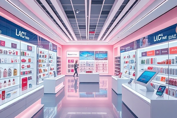 AI trends in retail, dynamic, cashierless stores and AI recommendations, photorealistic, futuristic store layout with digital shelves and displays, highly detailed, customer interactions through apps and kiosks, 4k resolution, bright pastels and transparent elements, retail lighting, shot with a 24mm wide-angle lens.