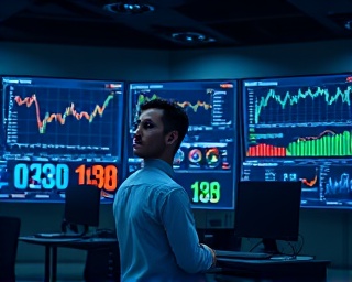 AI trends analyst, focused, reviewing data on multiple screens, photorealistic, modern office with large digital displays and charts, highly detailed, flowing data streams and interactive graphs, 4k resolution, cool color palette, ambient office lighting, shot with a 35mm lens.