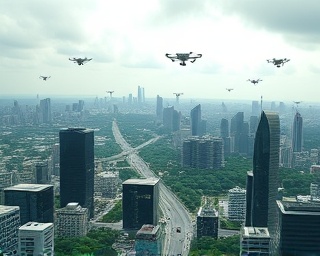visionary AI future cityscape, optimistic, bustling with autonomous vehicles and drones, photorealistic, sprawling cityscape with skyscrapers and greenery, highly detailed, moving traffic and flying drones, ultra high-definition, different shades of green and blue, natural daylight filtering through clouds, shot with a 16mm wide-angle lens.