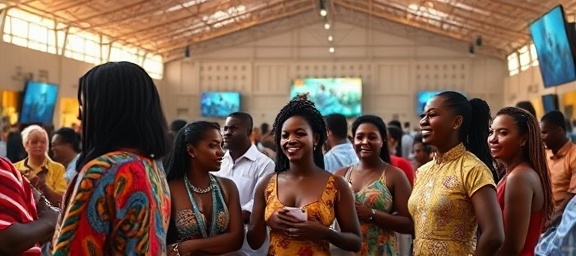 African community gathering, joyful engagement, discussing AI's ethical impact, photorealistic, open-air venue with cultural symbols and digital screens, highly detailed, animated social interactions, 8K quality, rich and warm color palette, soft afternoon lighting, shot with a 50mm lens.