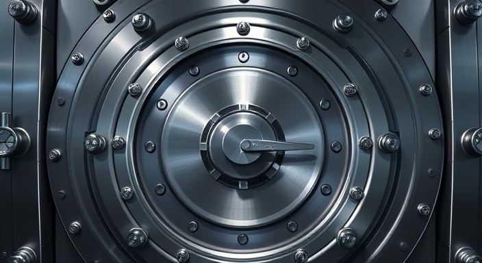 robust data protection, vigilant, safeguarding information, photorealistic, high-security vault with biometric systems, highly detailed, secure locks clicking, sharp resolution, silver and grey palette, focused spotlight, shot with a 24mm lens