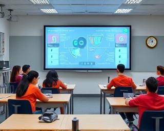AI innovation in education, intriguing, AI tutors in classrooms, photorealistic, advanced classroom setup with smart boards and AI-driven learning tools, highly detailed, digital interactivity and real-time assessments, 8k resolution, balanced educational colors, well-lit academic setting, shot with a 35mm lens.