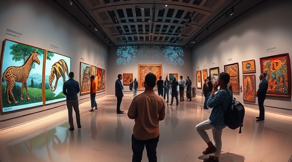 African art gallery, contemplative audience, analyzing AI-generated artwork, photorealistic, spacious and modern exhibition hall with traditional motifs, highly detailed, interactive projection mapping on walls, ultra high-definition, rich contrasts of colors, ambient lighting, shot with a fisheye lens.