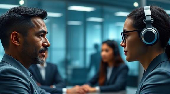 AI recruits being interviewed, focused expression, responding to questions, photorealistic, futuristic conference room with glass walls, highly detailed, moving visual data, 6k resolution, vibrant colors, diffused lighting, shot with a prime lens.