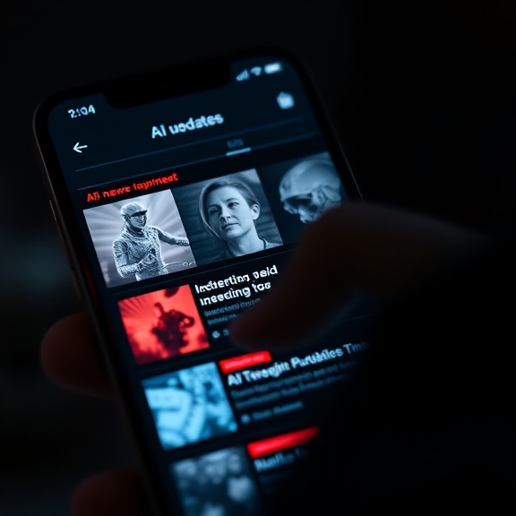 AI news app interface, engaging, user browsing AI updates, photorealistic, smartphone display with interactive AI-focused news app, highly detailed, animated headlines and smooth transitions, 4k resolution, contrast of digital screen with dark mode theme, diffused screen light, shot with a macro lens.