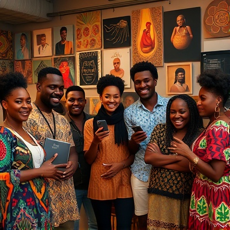 African entrepreneurs, excited innovators, presenting new AI technology, photorealistic, startup hub with tech gadgets and traditional art, highly detailed, dynamic interaction among the group, ultra HD, vibrant mix of fabrics and tech, golden hour lighting, shot with a 35mm lens.