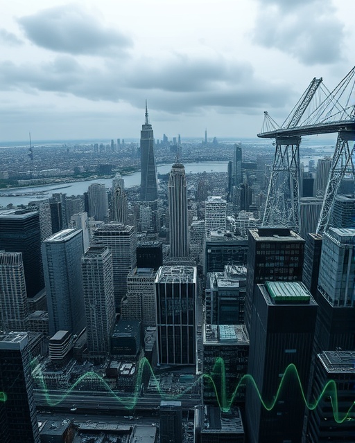 modern network infrastructure, technological marvel, gracefully optimizing data traffic, photorealistic, sprawling cityscape backdrop, highly detailed, dynamic network pulsations, 4K quality, monochrome with blue-green overlays, diffused lighting, shot with a telephoto lens.