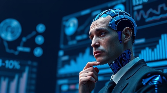 AI expert questioning AI, thoughtful expression, debating technologies, photorealistic, virtual environment with floating graphs and charts, highly detailed, animated statistics, 4k resolution, metallic blue, sharp spotlight, shot with a telephoto lens.