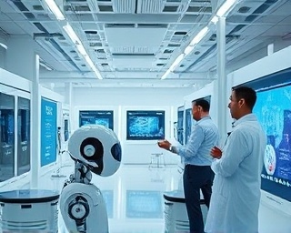 AI innovation lab, bustling, scientists collaborating on a project, photorealistic, contemporary research lab with advanced equipment and holograms, highly detailed, interactive screens and robotic assistants, 8k resolution, clean white and silver hues, bright lab lighting, shot with a 24mm wide-angle lens.