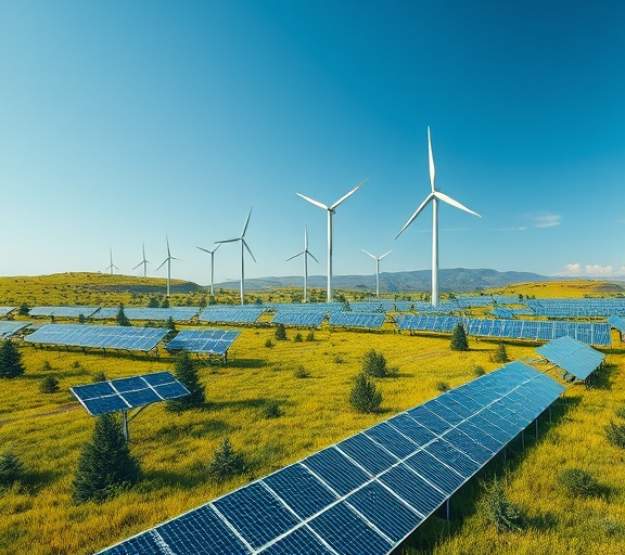 AI future energy solutions, innovative, renewable energy AI systems, photorealistic, landscapes featuring solar panels and wind turbines managed by AI, highly detailed, green energy integration and real-time adjustments, 4k resolution, natural greens and blues, bright renewable sunlight, shot with a 16mm wide-angle lens.