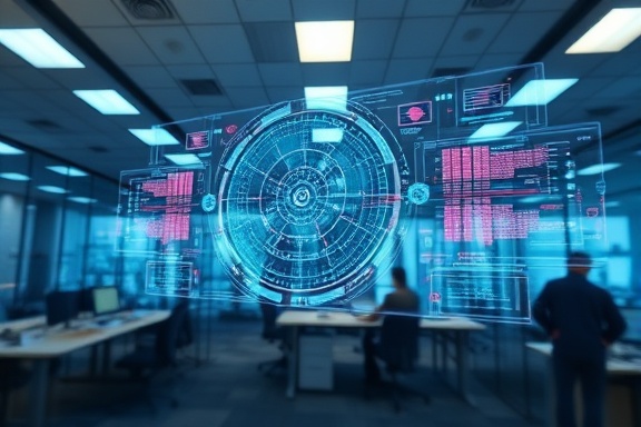 cutting-edge digital technology, futuristic, augmenting reality through advanced displays, photorealistic, within a high-tech office space with glass partitions, highly detailed, holograms and digital interfaces, shallow depth of field for emphasis, vibrant holographic colors, illuminated by diffused ceiling lights, shot with a standard prime lens.