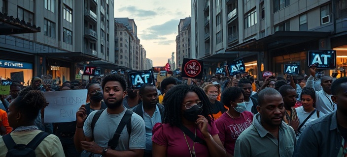 urban African future, concerned citizens, activists rallying for ethical AI use, photorealistic, futuristic urban square with holographic protest signs, highly detailed, energetic crowds and dynamic movements, super high resolution, diverse attire and banners, evening glow, shot with a telephoto lens.