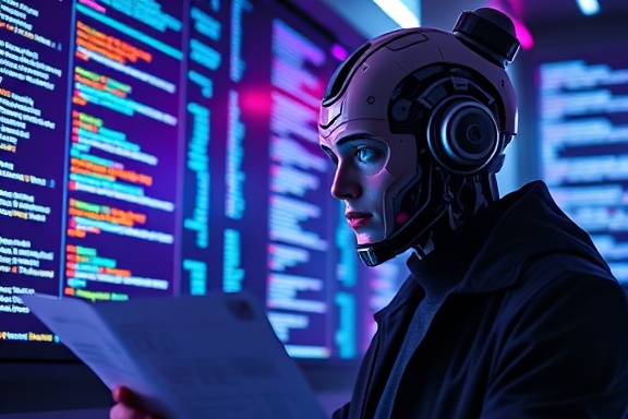 AI recruiter assessing AI appplicant, keen expression, reviewing resumes, photorealistic, cyberpunk setting with LED wall displays, highly detailed, scrolling code snippets, 7k resolution, neon purple, ambient glows, shot with a standard lens.
