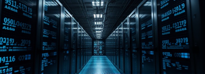 cutting-edge data infrastructure, secure and swift, safeguarding information transfer, photorealistic, labyrinthine data center corridors, highly detailed, digital encryption visualized as complex patterns, 5K, shades of gray with digital blue highlights, subdued lighting, shot with a prime lens.