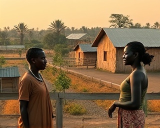 rural African village, hopeful residents, adapting AI solutions in daily life, photorealistic, picturesque scenery with traditional and modern elements, highly detailed, solar-powered AI stations, 4K resolution, earthy color tones, warm natural light, shot with a portrait lens.