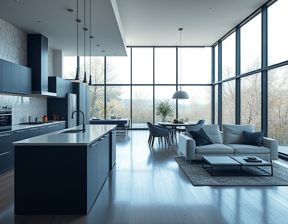modern smart home automation, innovative, adjusting lights automatically, photorealistic, open-plan kitchen and living area with floor-to-ceiling windows, highly detailed, AI assistants interacting with each other, ultra HD, black and chrome, natural daylight, shot with a wide-angle lens.