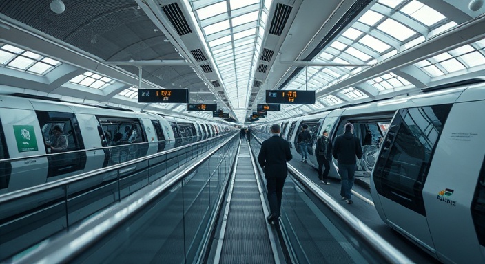 AI future transportation hub, organized, passengers boarding autonomous vehicles, photorealistic, sleek terminal with futuristic design and signage, highly detailed, moving walkways and transport pods, ultra high-definition, silver and transparent elements, natural sunlight filtering through skylights, shot with a 16mm wide-angle lens.