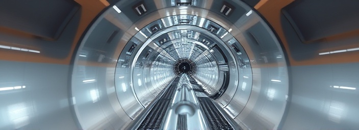 AI innovation in transportation, futuristic, hyperloop concept design, photorealistic, cross-section view of Hyperloop tube and pods, highly detailed, futuristic transport dynamics and passenger comfort, 8k resolution, metallic silvers and soft ambient glow, shot with a 16mm wide-angle lens.