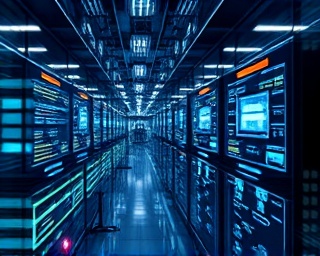 digital infrastructure evolution, complex yet graceful, executing intricate operations, photorealistic, futuristic control center environment, highly detailed, holographic interfaces and floating data streams, high definition, combination of glass reflections and neon colors, ambient lighting, shot with a tilt-shift lens.