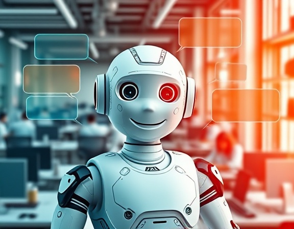 advanced contact chatbot, friendly and approachable, facilitating real-time communication, photorealistic, positioned in a bustling tech startup hub filled with desks and gadgets, highly detailed, vibrant discussions depicted as digital speech bubbles, 16k resolution, rich teal and orange gradient, highlighted by natural window light, shot with a 35mm prime lens.