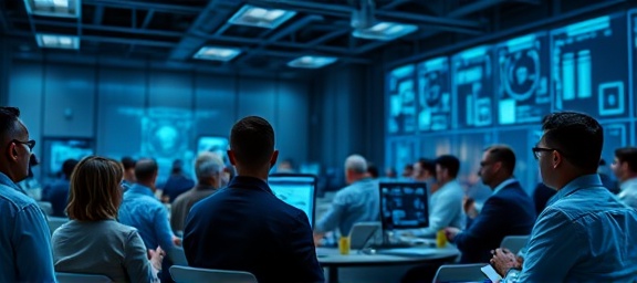 complex data protection, concerned, enforcing security measures, photorealistic, tech conference environment with people discussing, highly detailed, animated discussions, precise rendering, cool blues, diffused lighting, shot with an 85mm lens
