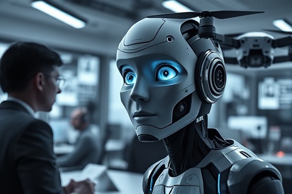 AI conducting interviews, curious expression, asking questions, photorealistic, modern office with holographic displays, highly detailed, hovering drones, 8k resolution, monochrome, soft ambient lighting, shot with a macro lens.