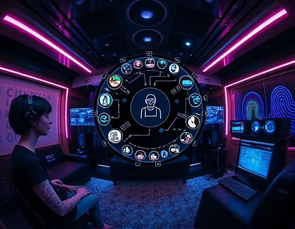 cutting-edge contact automation technology, intuitive and seamless, orchestrating multi-channel connections, photorealistic, within a futuristic smart home setting surrounded by virtual assistants, highly detailed, holographic interface showing diverse communication pathways, 12k resolution, contrasting black and neon highlights, backlit by neon strip lights, shot with a fisheye lens.