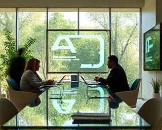 African AI think tank, engaged experts, debating future policies, photorealistic, sleek office space surrounded by nature, highly detailed, interactive digital policy boards, 8K detail, minimalist design, diffused office lighting, shot with a tilt-shift lens.