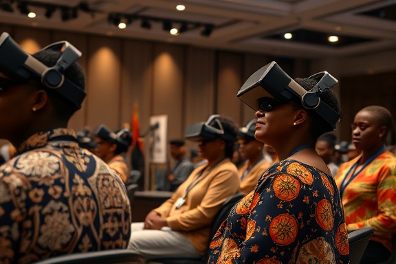 African AI symposium, inspired speakers, presenting research on technology's regional impact, photorealistic, conference hall with state-of-the-art technology and traditional elements, highly detailed, VR headsets on participants, 8K sharpness, neutral tones with vibrant highlights, soft studio lighting, shot with a macro lens.