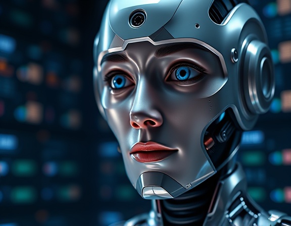 AI story interview, expressive AI face, storytelling of innovation, photorealistic, digital studio with immersive graphics, highly detailed, interacting databases, 9k resolution, futuristic chrome, spotlight with shadows, shot with a close-up lens.