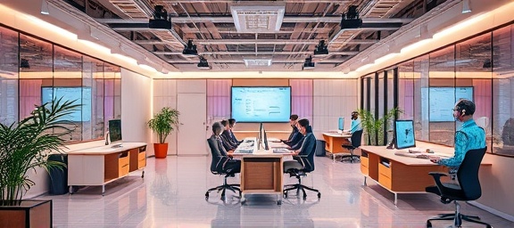 AI future workspace, collaborative, open office with AI assistants, photorealistic, versatile office space with AI devices and ergonomic furniture, highly detailed, interaction with virtual assistants, 8k resolution, modern palette with pastel tones, overhead ambient lights, shot with a 50mm prime lens.