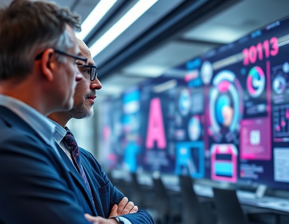 AI HR specialist interviewing, professional expression, evaluating skills, photorealistic, corporate office with transparent displays, highly detailed, shimmering tech panels, 4k resolution, soft pastel colors, overhead fluorescent lighting, shot with a zoom lens.