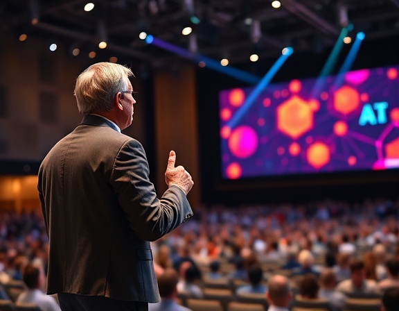 AI tech conference speaker, enthusiastic, presenting a keynote, photorealistic, large conference hall with audience and presentation screen, highly detailed, moving laser pointers and vibrant slide transitions, 4k resolution, sharp colors, stage spotlights, shot with a 50mm prime lens.