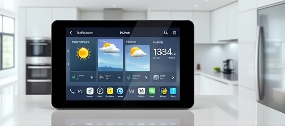 sleek smart home device, intuitive, displaying weather updates, photorealistic, futuristic kitchen with smart appliances, highly detailed, touchscreen interface with live data, hi-res, glossy white, daylight filtering through, shot with a 50mm lens.