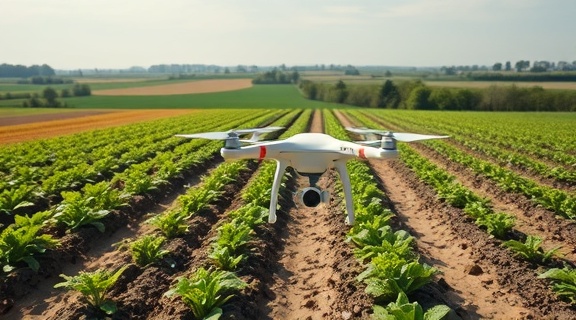 AI innovation in agriculture, promising, drones monitoring crops, photorealistic, expansive farmland with diverse crops and technology, highly detailed, buzzing drones and automated farming equipment, 4k resolution, lush greens and earthy browns, sunlit fields, shot with a 24mm wide-angle lens.