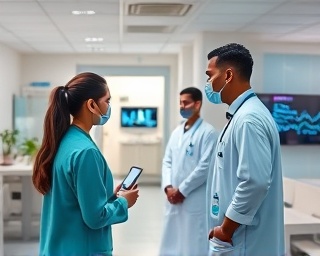 AI-integrated health clinic, empathetic healthcare workers, using AI to assist patients, photorealistic, modern clinic with cultural décor, highly detailed, digital health monitors displaying data, ultra HD, soothing color scheme, bright and clean lighting, shot with a 35mm lens.