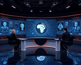 AI news debate panel, thoughtful, experts discussing AI ethics, photorealistic, modern TV studio with panel of experts and interactive screens, highly detailed, engaging graphics augmenting discussion, 4k resolution, formal tones with highlighted displays, studio spotlights, shot with a 50mm prime lens.