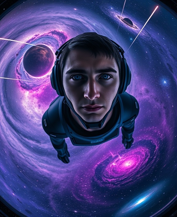 epic AI quest, resolute expression, crossing a cosmic void, photorealistic, background with swirling galaxies and nebulae, highly detailed, shooting stars and comet trails, wide-angle, vibrant purples and deep blues, dramatic lighting, shot with a fisheye lens.