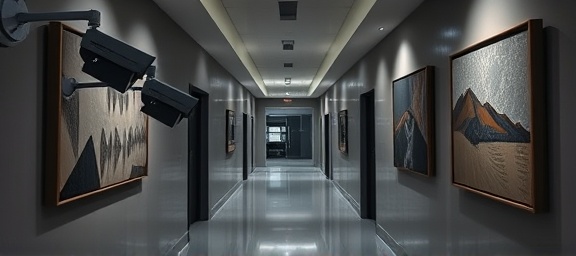 advanced smart home security, vigilant, detecting movement, photorealistic, hallways with contemporary art on walls, highly detailed, laser sensors scanning area, HDR imaging, metallic gray, moody shadows, shot with a telephoto lens.