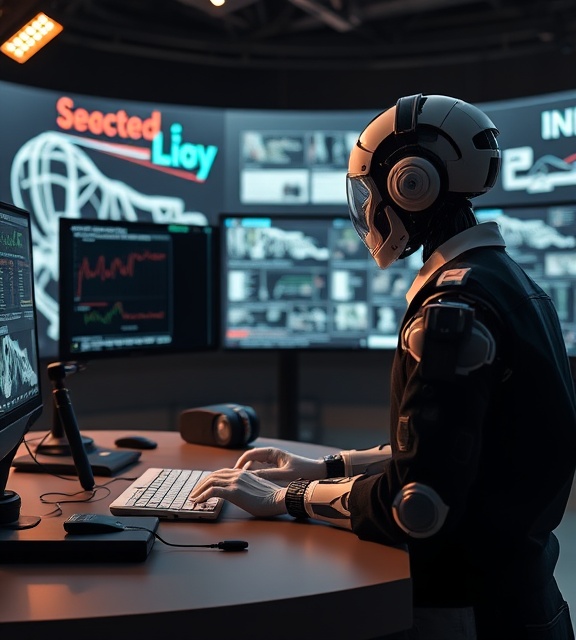 AI news documentary, enlightening, exploring AI effect on society, photorealistic, documentary studio with immersive graphics and narratives, highly detailed, animated sequences and infographic aids, 4k resolution, neutral tones with focused highlights, professional studio lighting, shot with a 35mm lens.
