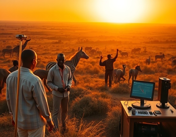 African conservation project, diligent researchers, employing AI for wildlife protection, photorealistic, research facility nestled in the savannah, highly detailed, monitoring stations with digital displays, ultra HD, rich golden and brown tones, sunrise illumination, shot with a zoom lens.