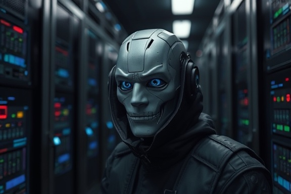 guarded AI privacy, vigilant, shielding data, photorealistic, in a secure server room, filled with high-tech security gadgets, crisp resolution, dark metallic tones, subdued lighting, shot with a telephoto lens.